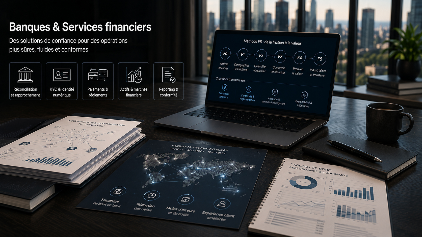 Processus bancaires associant réconciliation, KYC, paiements, contrôles et traçabilité.