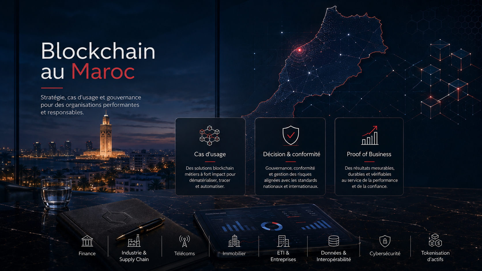 Illustration de la page Blockchain au Maroc montrant une carte numérique du Maroc, des cas d’usage blockchain, la décision, la conformité et le Proof of Business.