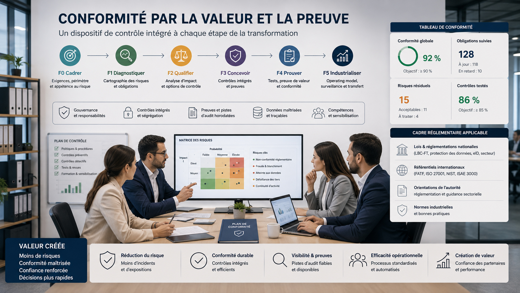 Dispositif de conformité reliant gouvernance, contrôles, risques, preuves et responsabilités.