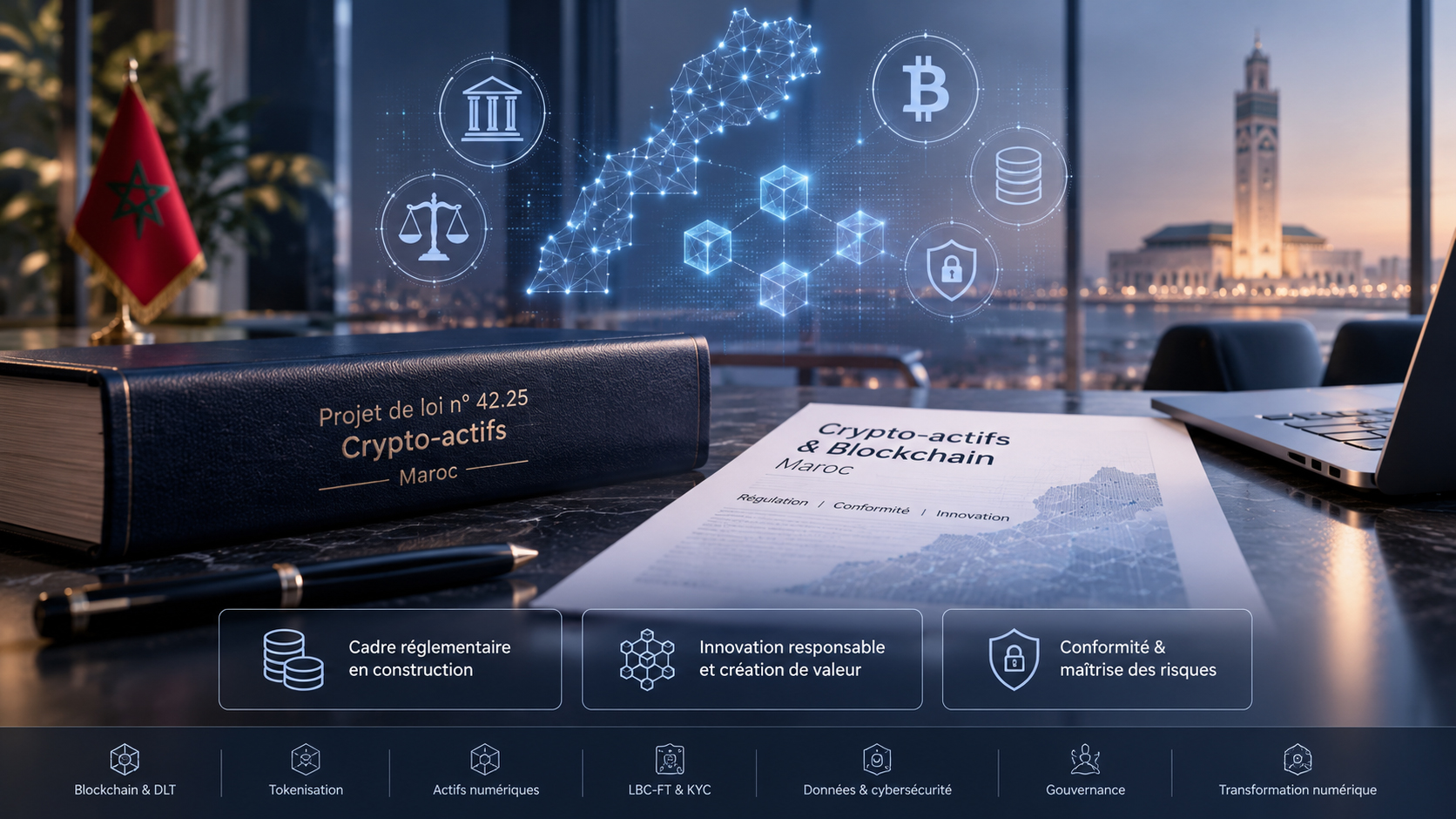 Illustration du projet de loi 42.25 sur les crypto-actifs au Maroc, avec carte du Maroc, Blockchain, réglementation, conformité et gouvernance.
