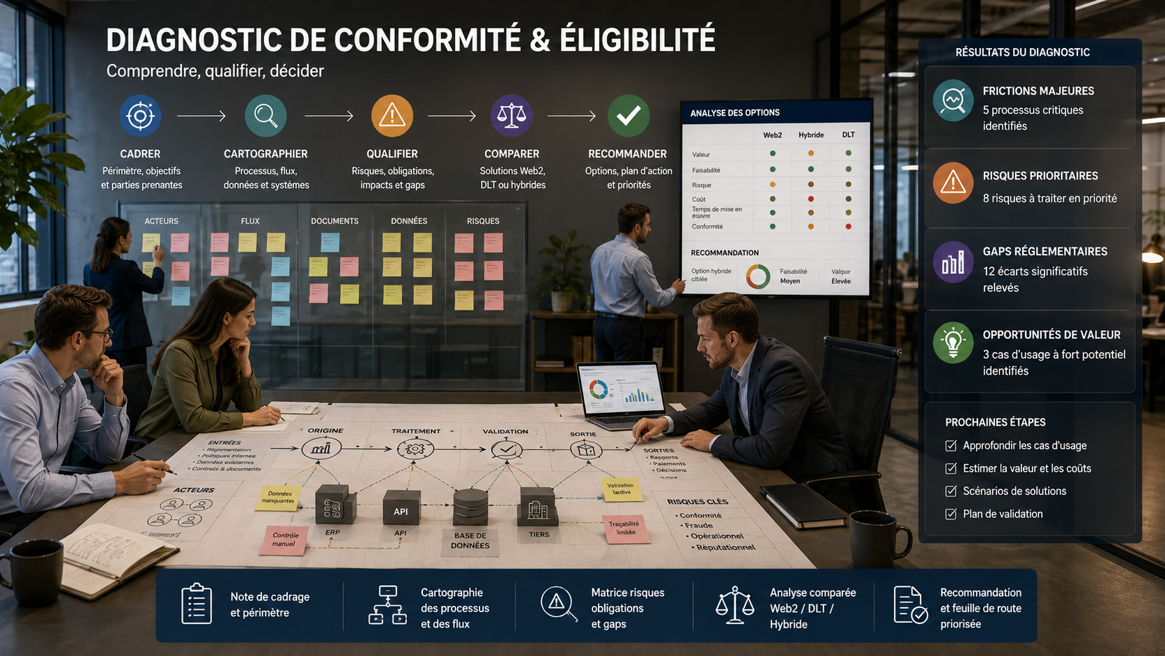 Équipe cartographiant acteurs, flux, données et risques avant de comparer Web2, hybride et DLT.