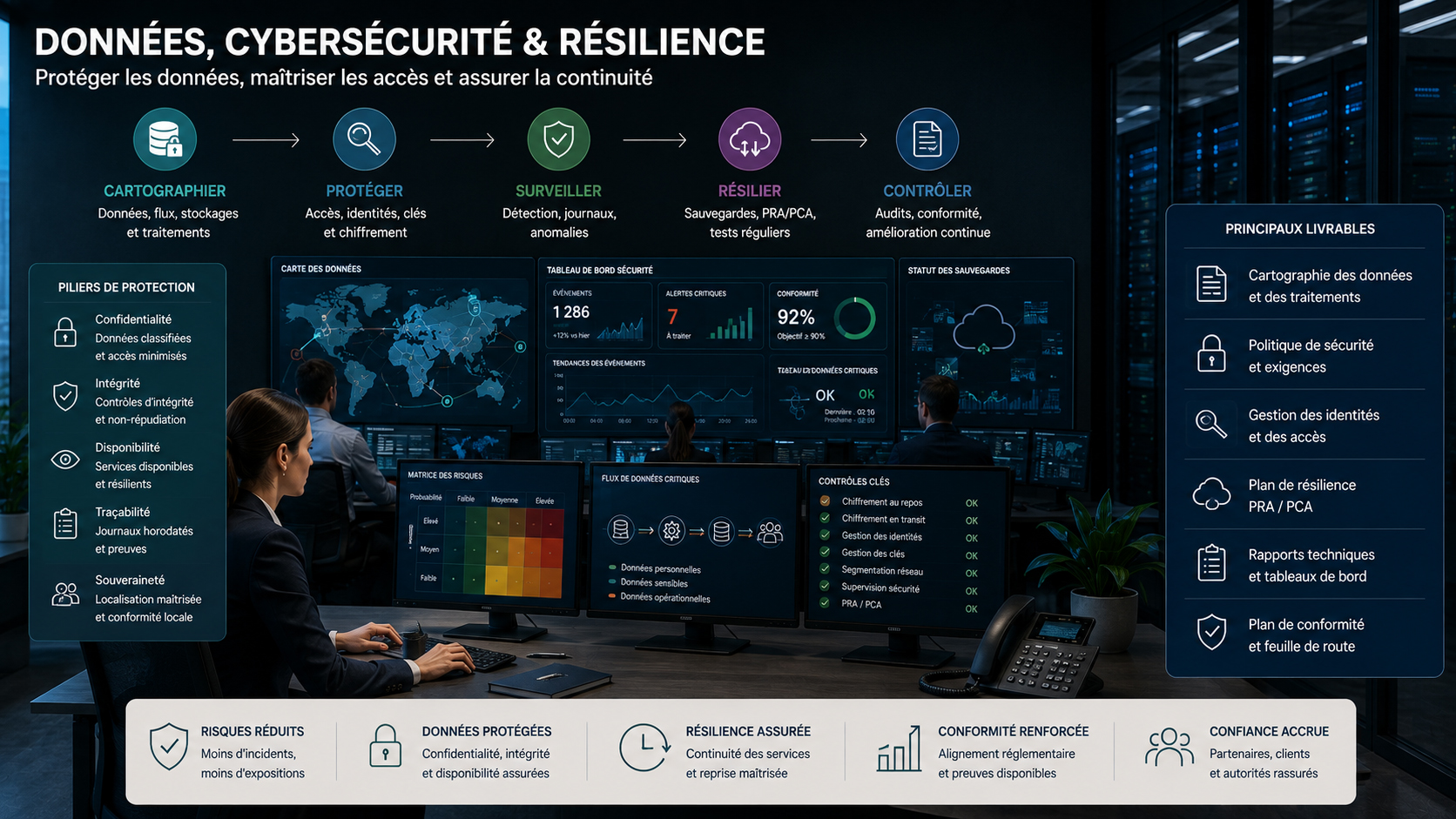 Centre opérationnel surveillant données, accès, alertes, sauvegardes et continuité des services.