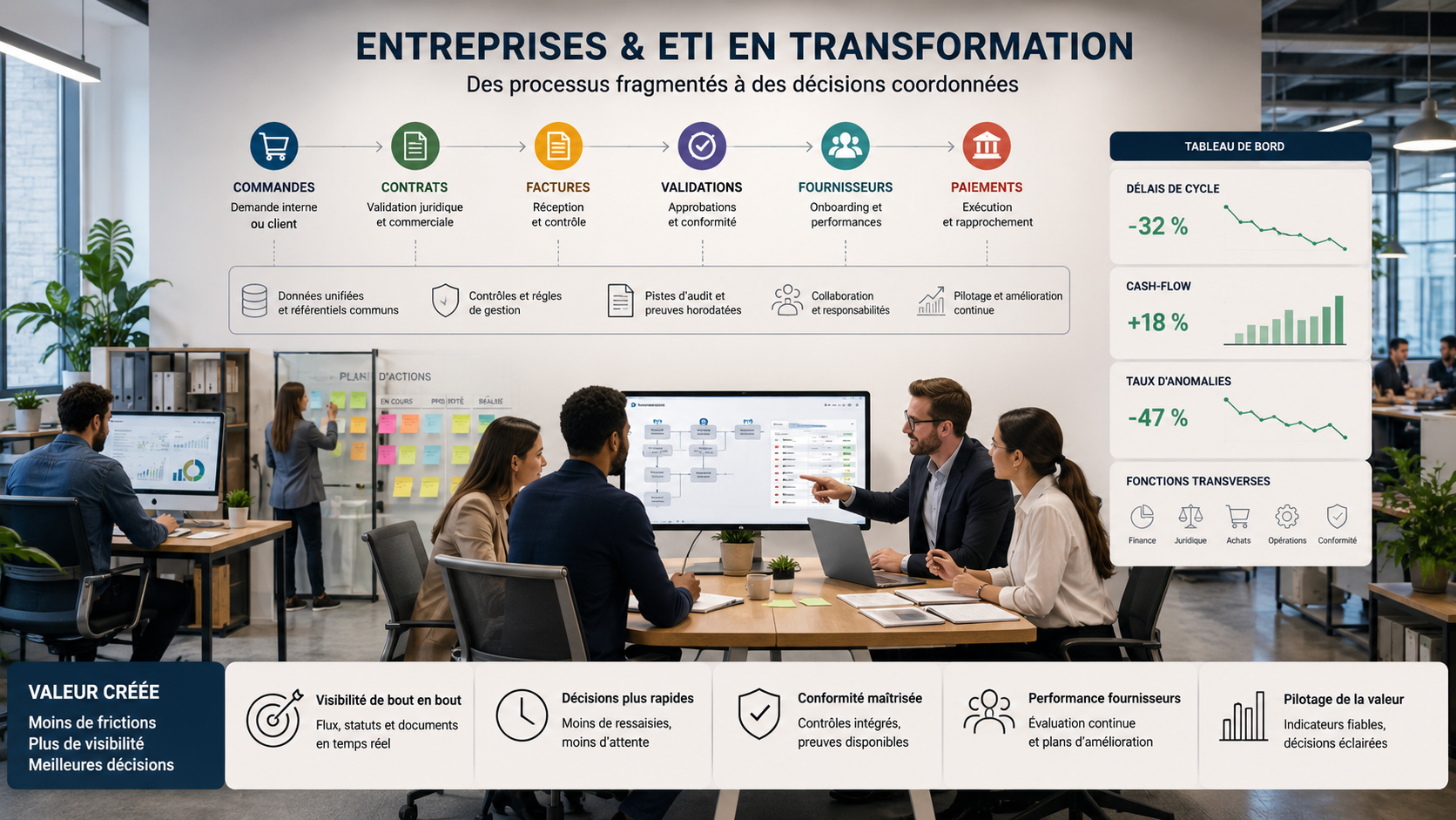 Entreprise coordonnant commandes, contrats, factures, validations, fournisseurs et équipes.