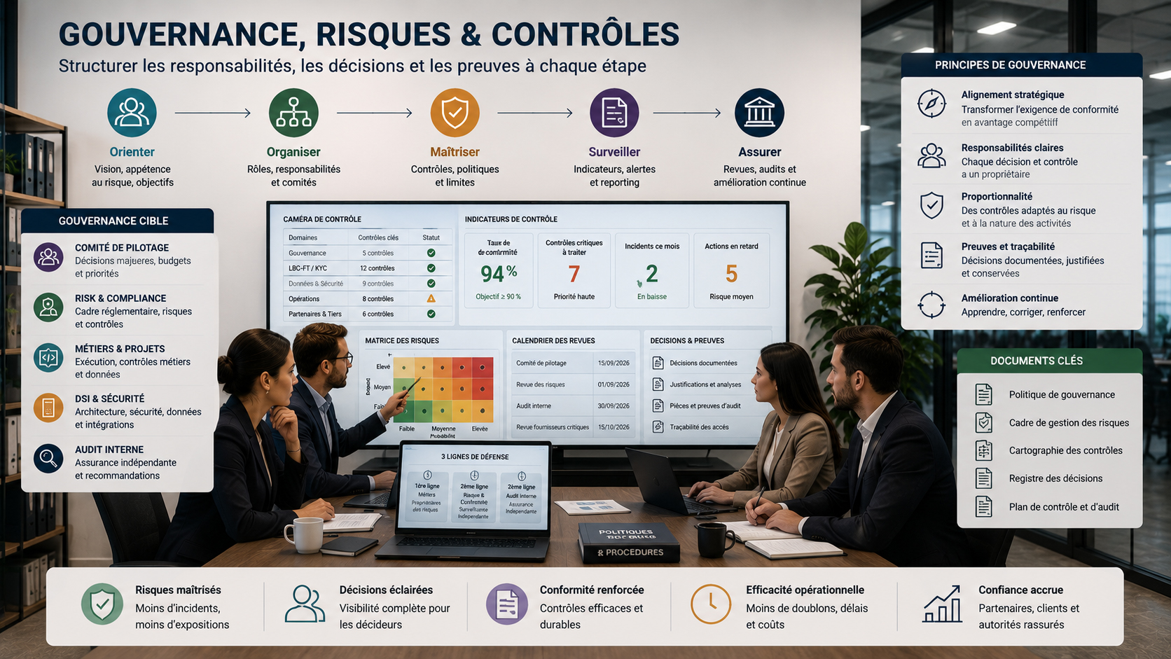 Comité de gouvernance pilotant responsabilités, contrôles, décisions, revues et preuves.