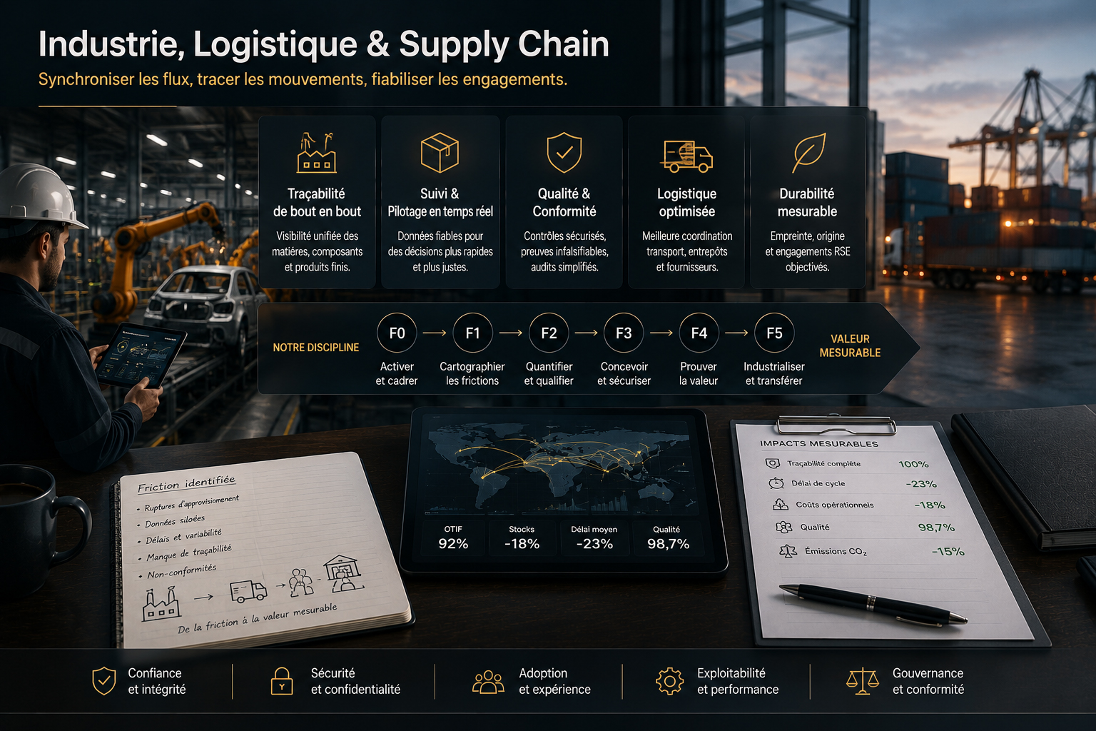 Chaîne fournisseur, production, logistique et réception avec traçabilité des flux et validations.