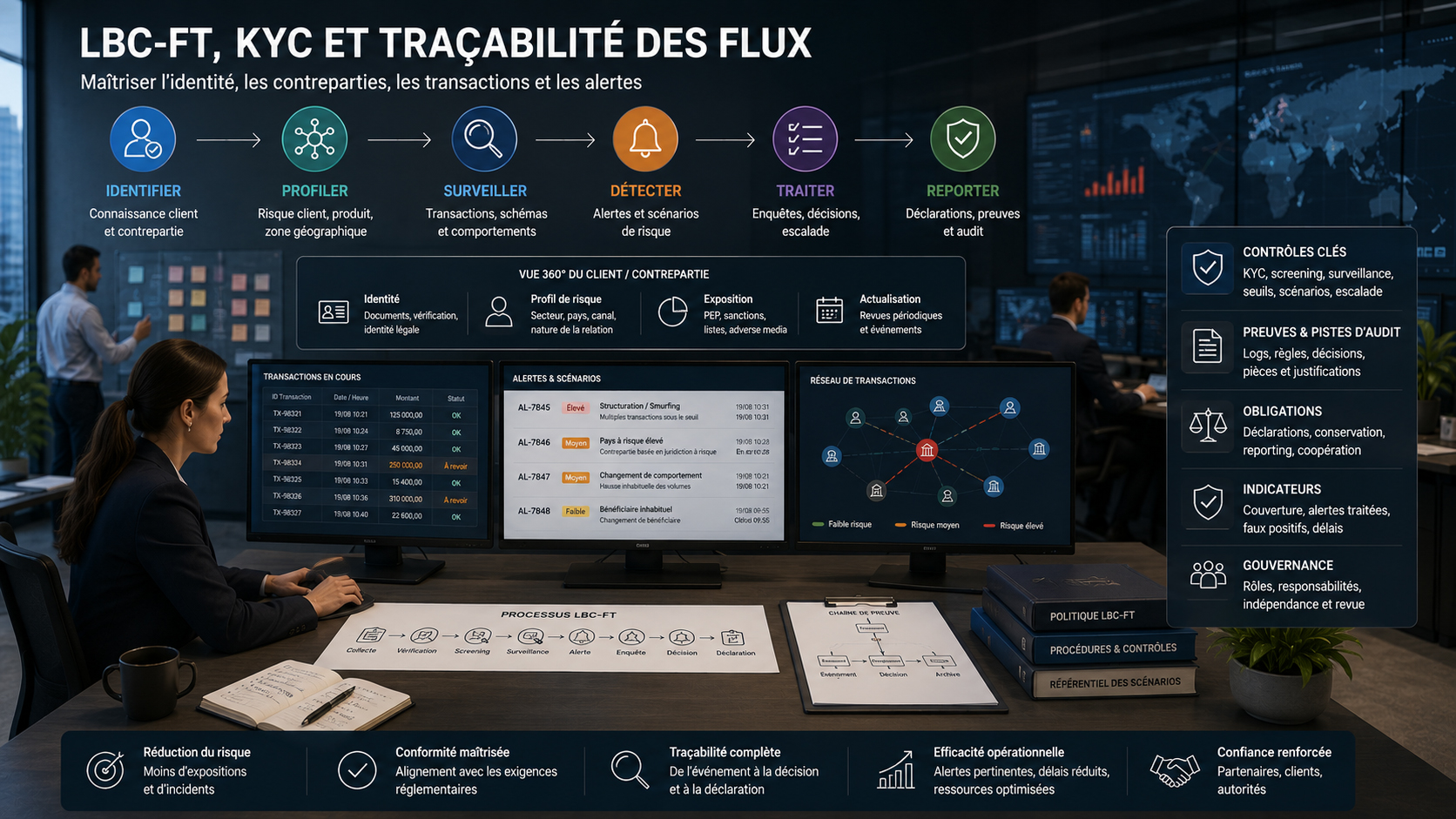 Centre de contrôle KYC et LBC-FT surveillant contreparties, transactions, alertes et pistes d’audit.
