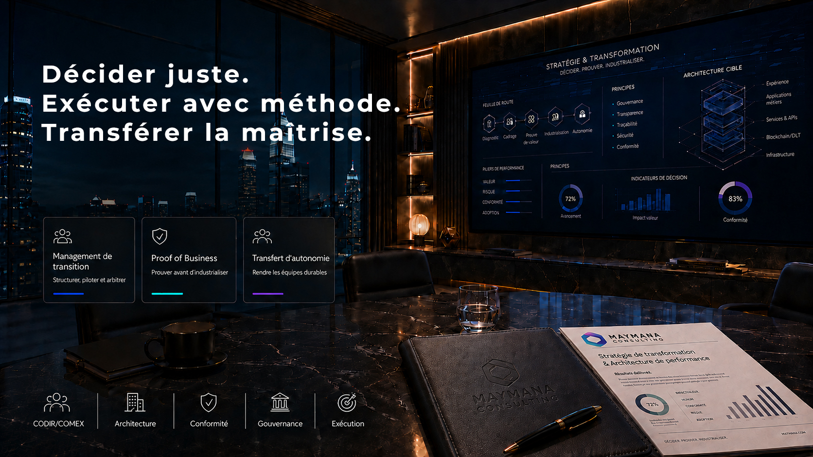Équipe de conseil Maymana Consulting travaillant sur une transformation stratégique et opérationnelle
