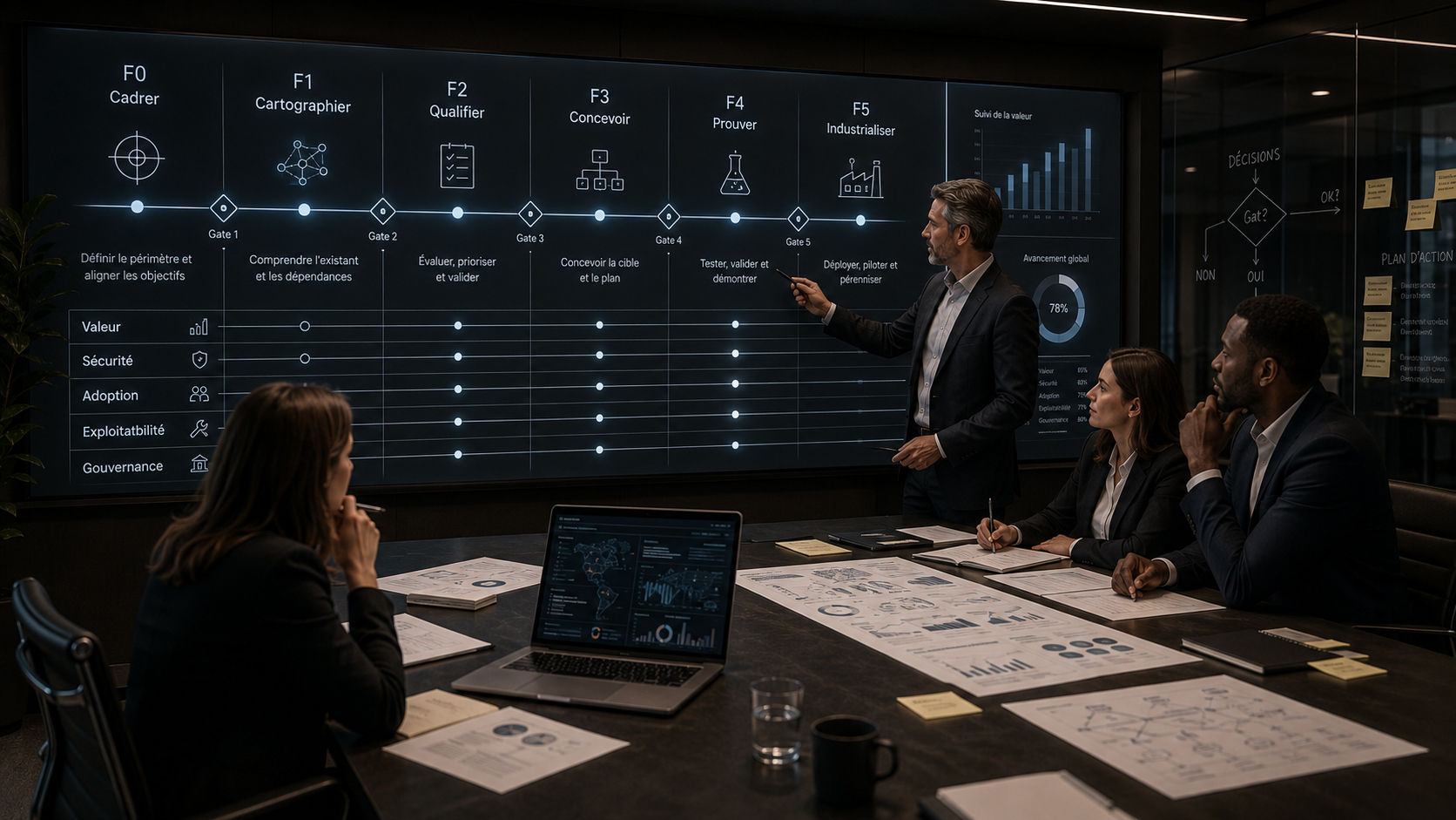 Parcours F0 à F5 reliant cadrage, diagnostic, preuve de valeur et industrialisation.