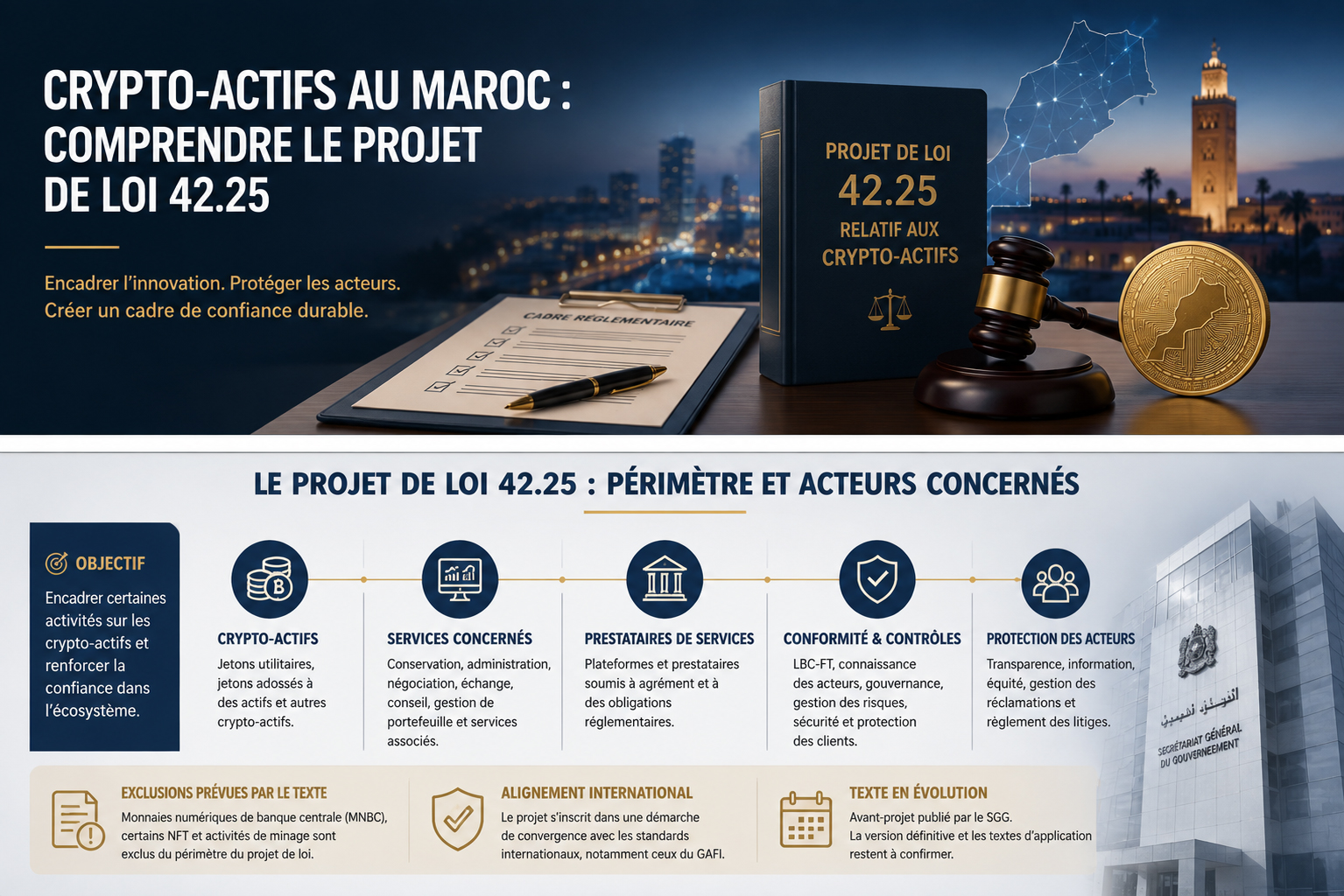 Infographie présentant le périmètre du projet de loi 42.25 au Maroc : crypto-actifs, services concernés, prestataires, conformité, contrôles et protection des acteurs.