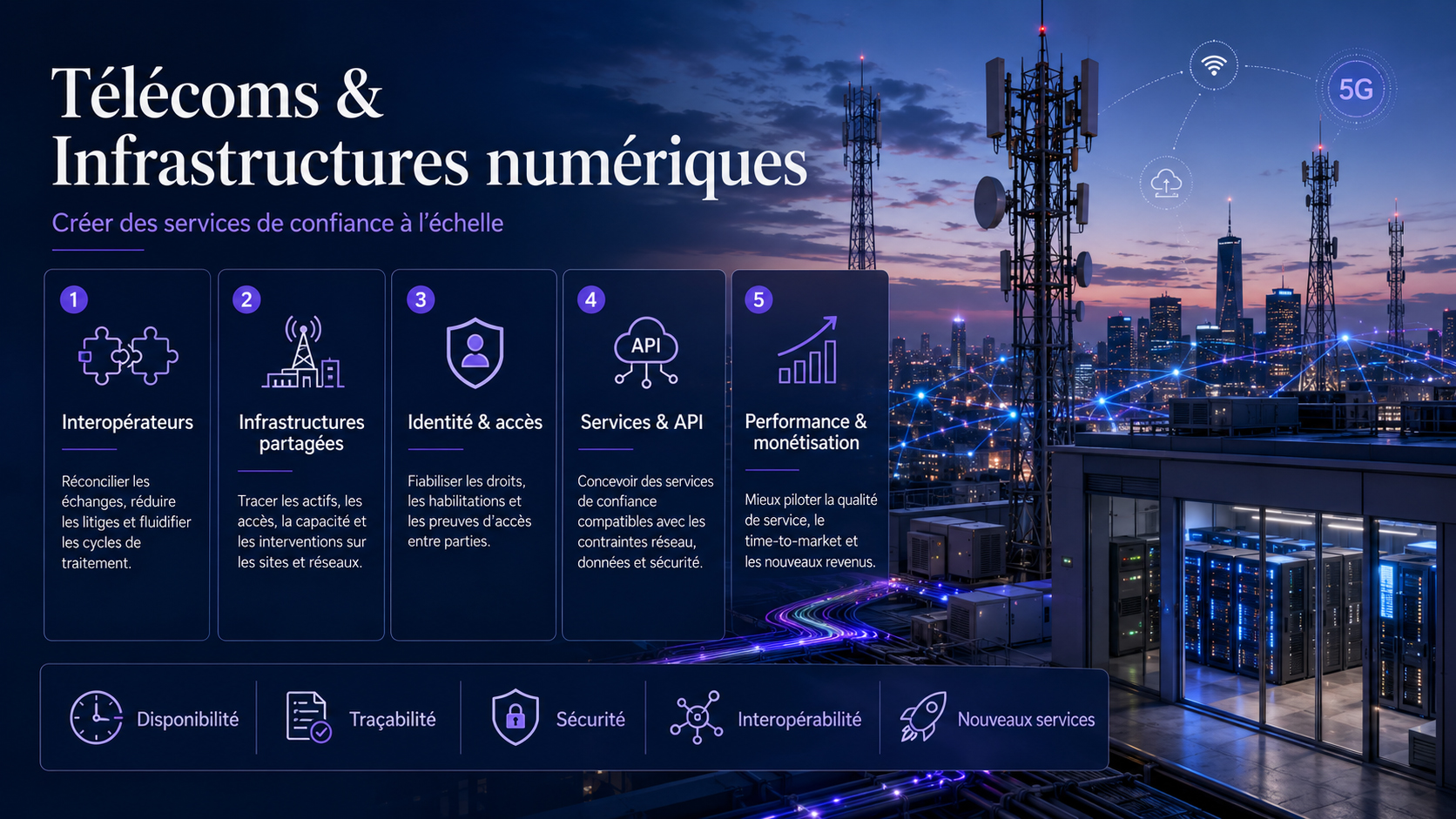 Infrastructure télécom reliant fibre, antennes, data centers, IoT et services numériques de confiance.