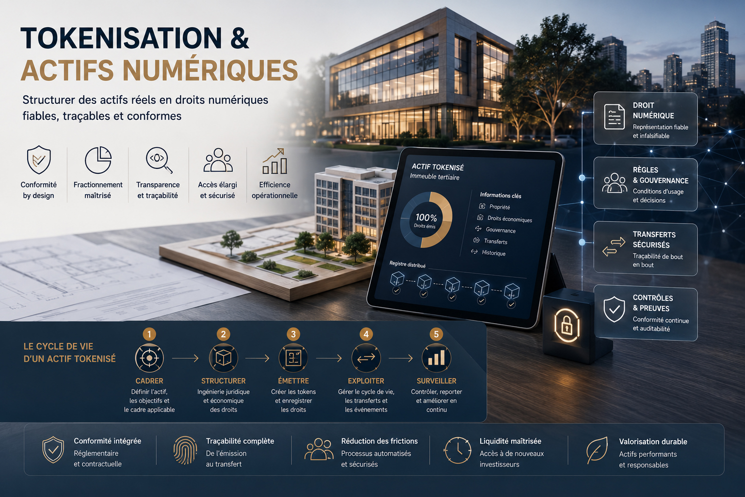 Actif immobilier structuré en droits numériques avec registre, transferts, gouvernance et contrôles.